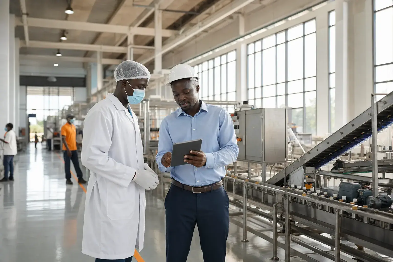 Engineer reviewing an upgrade beside a running production line