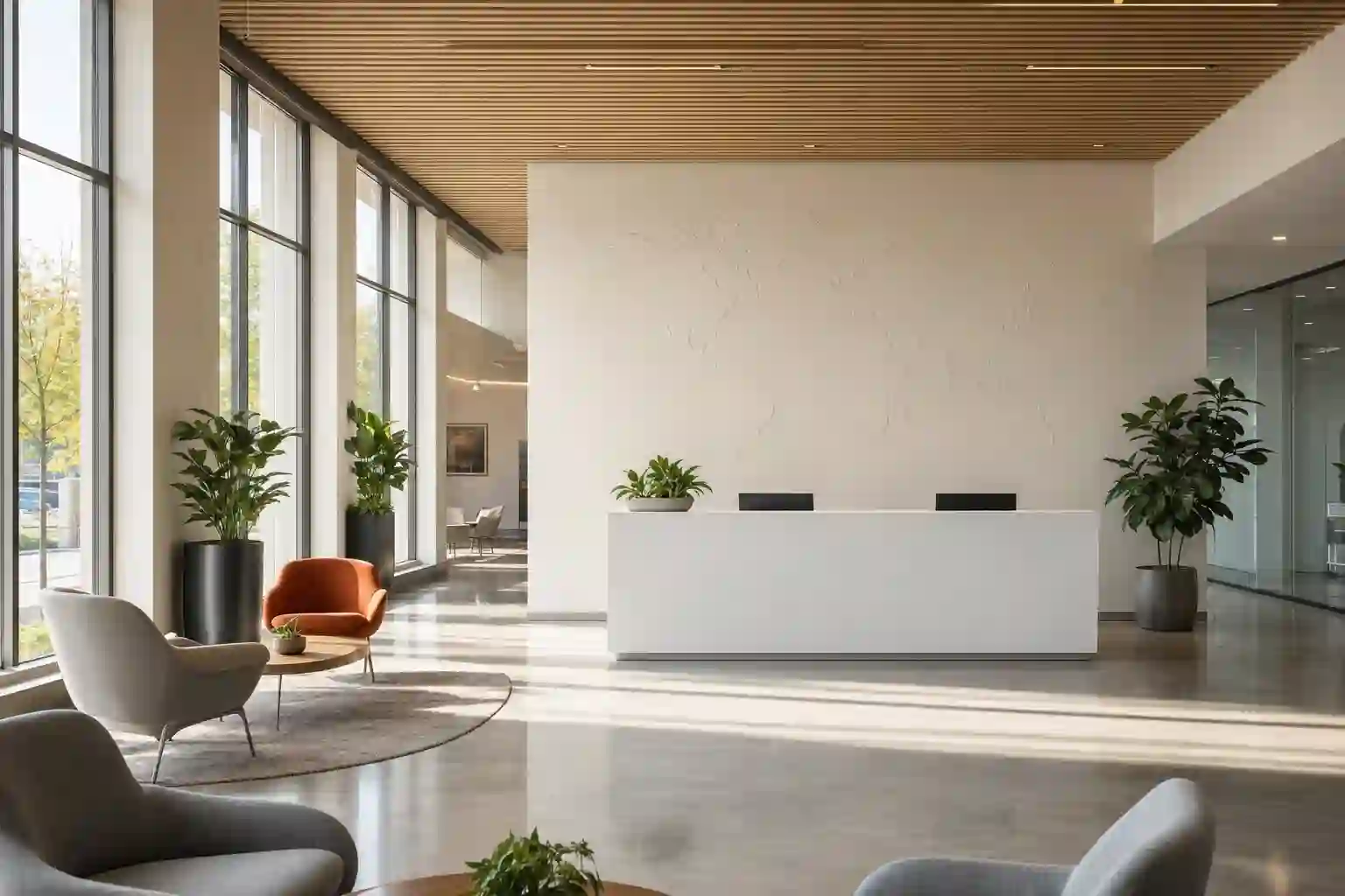 Bright modern engineering company reception with a subtle world-map wall, representing our global presence