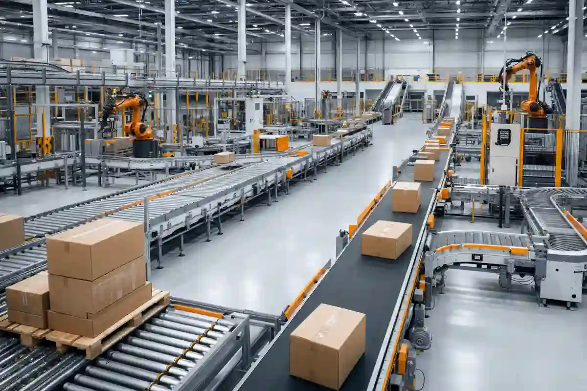 Automated production line with robotic arms inside an operating factory