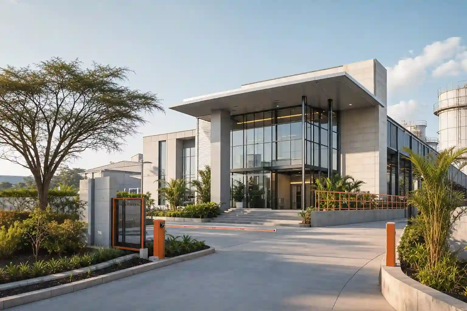 Modern factory entrance and glass facade representing market entry