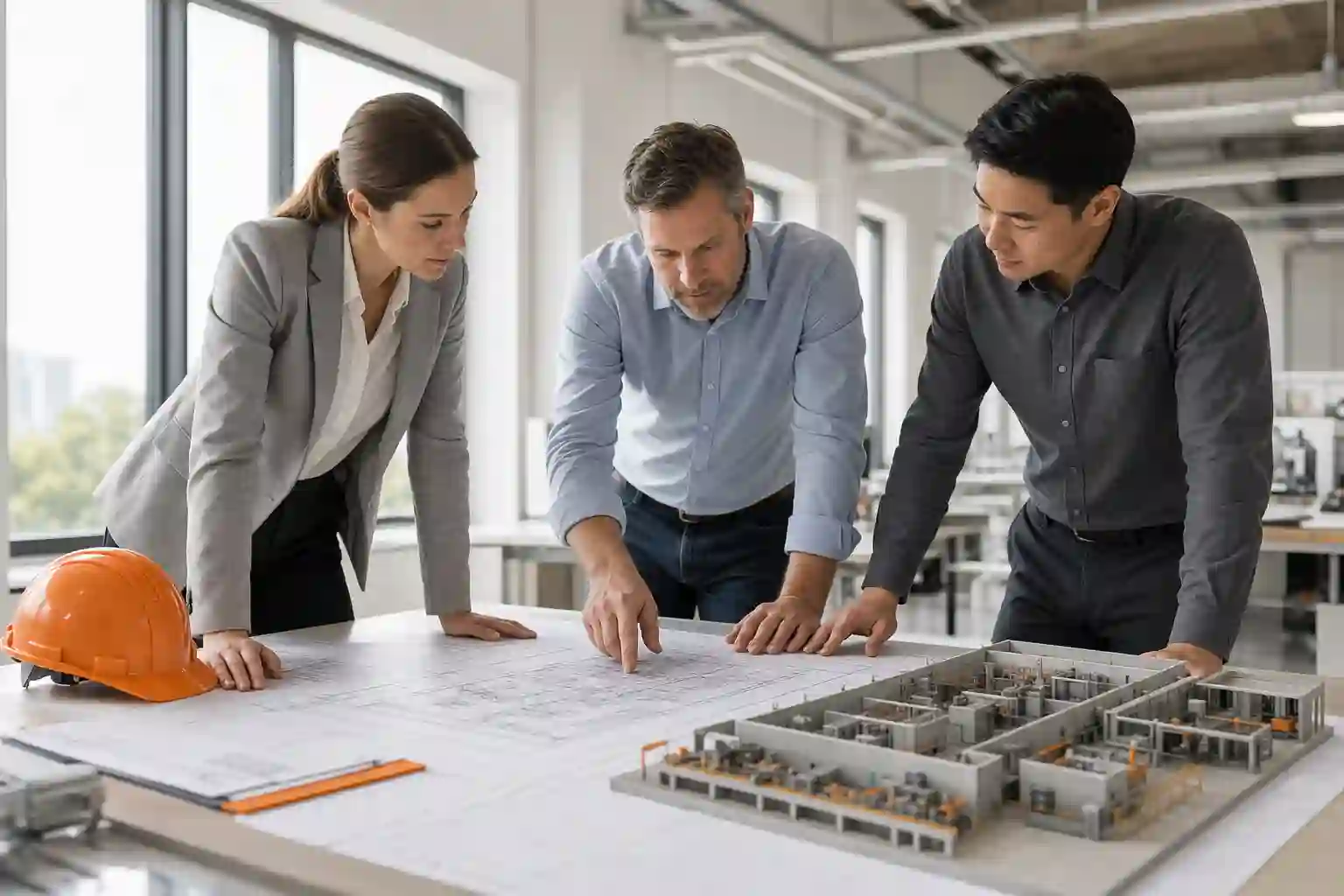 Engineers and planners reviewing a factory layout and project blueprint together