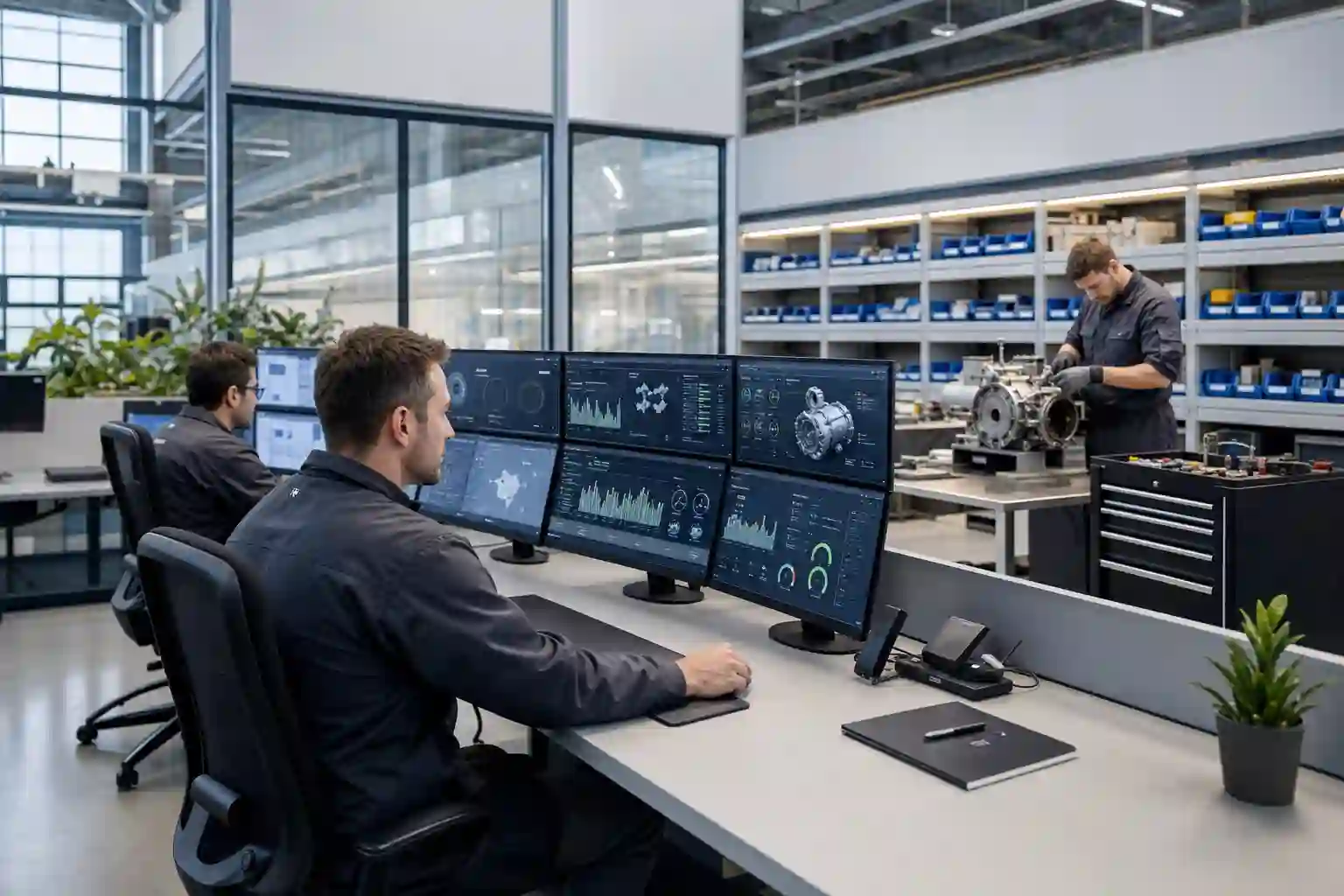 Technical support centre with engineers monitoring machine diagnostics and organised spare-parts shelving